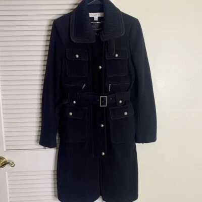 Casaco de lã Laundry by Shelli Segal tamanho 6 trincheira preto feminino com cinto - Imagem 1 de 4