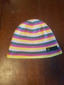 John Deere Women's Logo Hat Cap Toboggan Beanie Striped Pink Green Yellow EUC - Picture 1 of 5