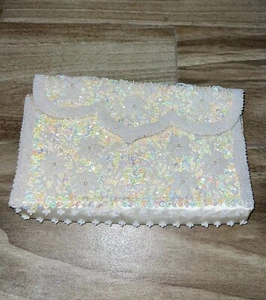 Handmade Hong Kong White Beaded Clutch Purse Inside Pocket Flower Beaded Design - Picture 1 of 7