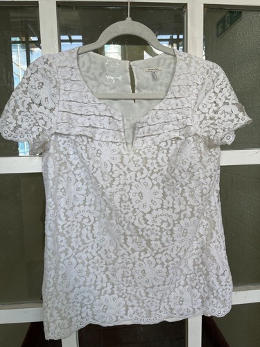 OFF WHITE Massimo Dutti top donna bianco sporco pizzo manica corta taglia Eur S MEX 30