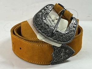 Free People Belt Tangerine Suede Wide S/M Bohemian Roses Floral Western Buckle - Picture 1 of 9