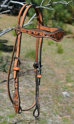 Circle Y 5/8" Light Oil Antiqued Floral Tooled Browband Gag Cheek Headstall  - Image 1 of 4