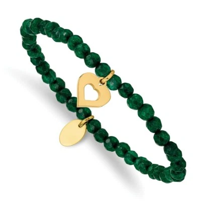 Pulsera elástica de jade verde IP amarillo corazón pulido de acero inoxidable Foto 1 de 3