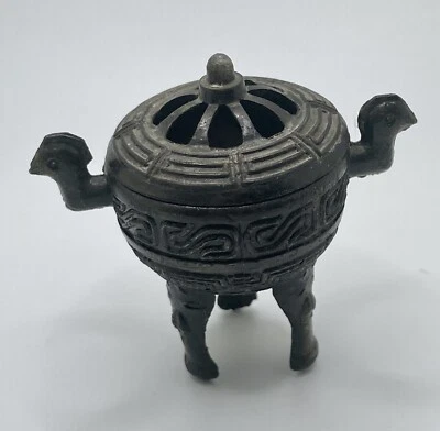 Chinese Small Tripod Censer Incense Burner bronze duck handles asian vintage 2” - Image 1 of 4