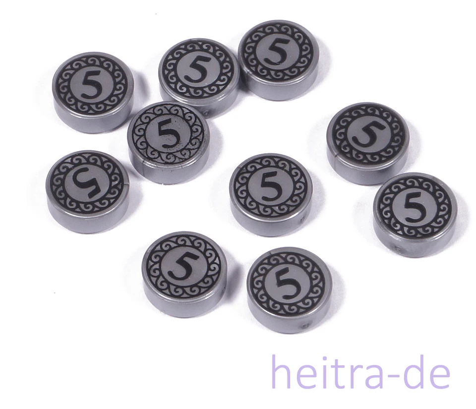 LEGO - 10 Fliesen Geld 1x1 rund flat silber bedruckt mit 5 / 98138pb023 NEUWARE - Bild 1 von 1