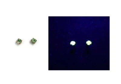 Pair Vintage Peridot Green Uranium Glass Rhinestone Gem Brass Stud Earrings V818 - Image 1 of 4