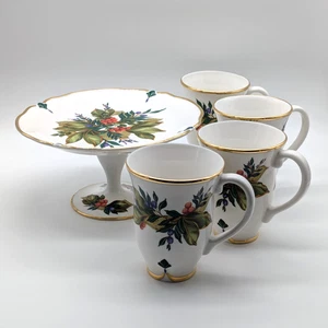 Princess House Winter Garden Cake Stand and 4 Coffee Mugs Christmas Tea Set - Picture 1 of 11