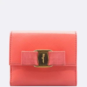 Ferragamo 22 A926 Pink Color Saffiano Leather Barra Decor Bifold Wallet - Picture 1 of 4