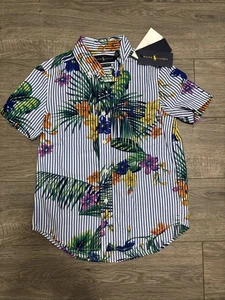 Ralph Lauren Natural Stretch Poplin Shirt Blue Floral Stripe Vacation Boys 6 New - Picture 1 of 8