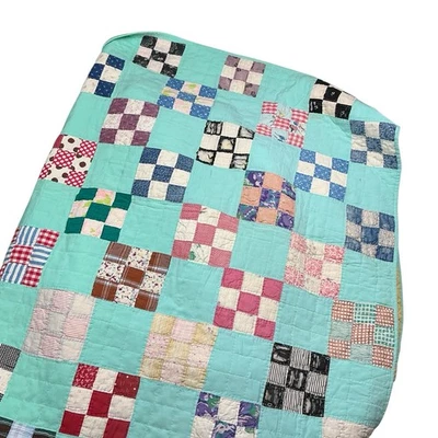 Vintage handstitched nine patch multicolored quilt 64 x 78 USA made - Image 1 of 4