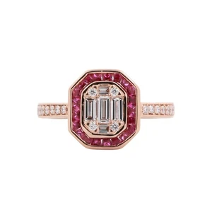 14K Rose Gold Diamond Ruby Halo Cocktail Ring 0.80 CTW Lab Grown Gems Size 7 - Picture 1 of 9