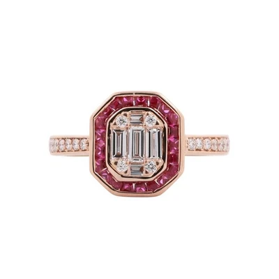 14K Rose Gold Diamond Ruby Halo Cocktail Ring 0.80 CTW Lab Grown Gems Size 7 - Image 1 of 4