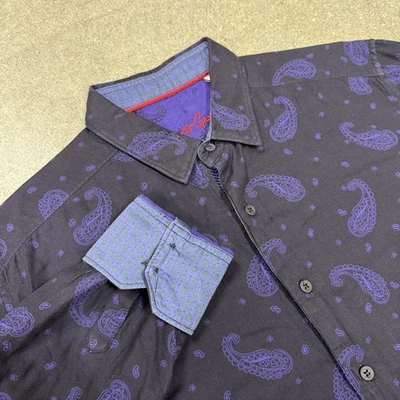 Robert Graham Mens L Black Purple Paisley Button Up Shirt Flip Cuff Embroidered - Image 1 of 4