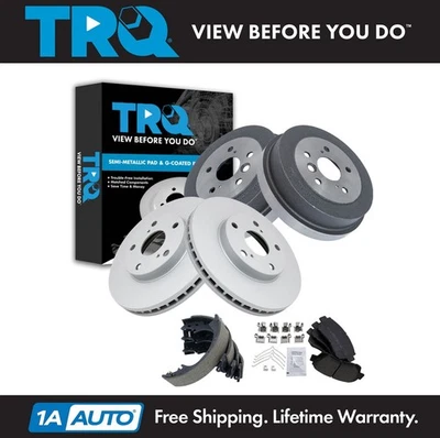 Комплект передних и задних тормозных колодок и ротора, обуви и барабанов TRQ подходит для Toyota Camry 1996-2000 годов выпуска - Изображение 1 из 4