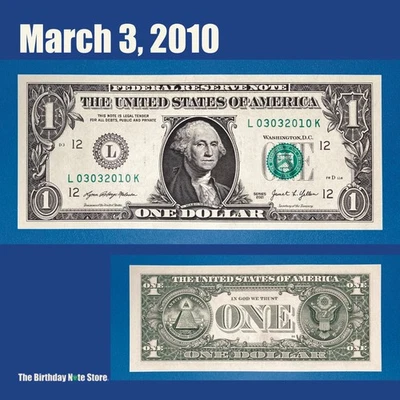 March 3, 2010 Birthday Anniversary $1 One Dollar Bill Serial Number 03032010 - Image 1 of 2