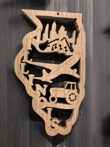 Illinois Carved Wood Wall Decor, Chicago Music Plane Farm Tractor, Wood Carving, - Picture 1 of 7