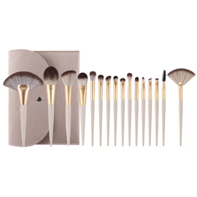 Champagne Pink Makeup 16 Brushes Set Kit Felt Bag Supper Soft Smooth Fiber Hair - Image 1 of 4