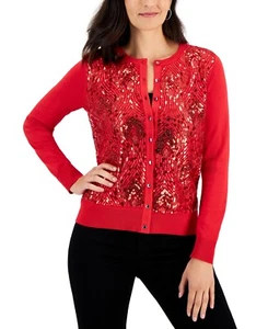 /LX017/ JM Collection Plus Sequin Hounds Party Cardigan Sweater Real Red Sz 0X - Picture 1 of 2