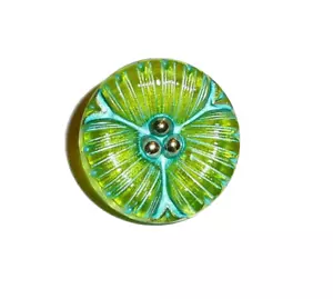 Tschechisches Glas Blume grün Apfel mit Meergrün & Gold Akzente Schaft Knopf 18 mm - Bild 1 von 6