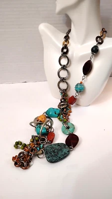 Chico's Dyed Howlite Glass Metal Beaded 34" Silver Tone Necklace S.T Signed 40" - Image 1 of 4
