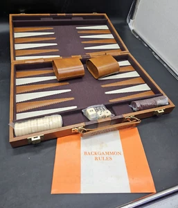 Brown Faux Leather Backgammon Set in 15-1/4X 10” Tabletop Unused Vtg - Picture 1 of 9