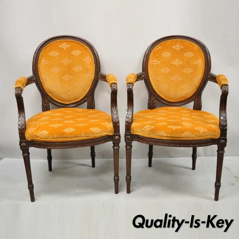 French Louis XVI Style Upholstered Oval Back Dining Arm Chairs - a Pair Cover