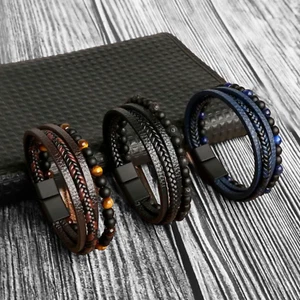 Men's Layered Braided Leather Beaded Bracelet  With Tiger Eye, Natural Stone - Picture 1 of 6