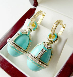 SALE ! SUPERB RUSSIAN GENUINE TURQUOISE STERLING SILVER 925 EARRINGS w/ ENAMEL - Picture 1 of 1