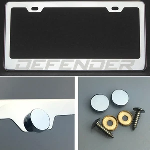 1x Defender Laser Engraved Stainless Steel License Plate Frame Chrome Screw Cap - Picture 1 of 12