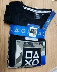Kids Boys/Girls PlayStation Fleece Cosy Warm Pyjama Set Camo Pants Black Top New - Picture 1 of 7