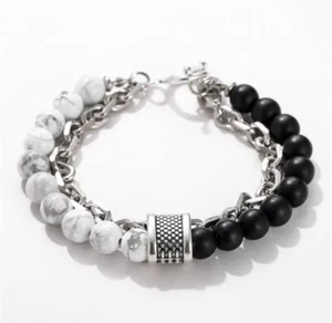Howlite Bead & Obsidians Bracelets with Stainless Steel Chaim - Picture 1 of 2