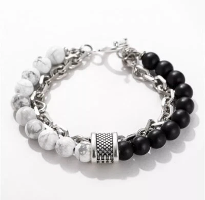 Howlite Bead & Obsidians Bracelets with Stainless Steel Chaim - Image 1 of 2