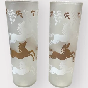 2 Vintage MCM Libbey Frosted Cavalcade Highball Glasses Galloping Horses Pair - Picture 1 of 8