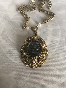 Vintage West Germany Hematite Cameo Necklace Gold tone filigree - Picture 1 of 13