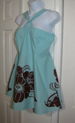 Mini Vestido Hecho a Mano Estampado Hawaiano Ajuste Acampanado Patinador Sin Mangas Aqua Wm. S/M Foto 1 de 4