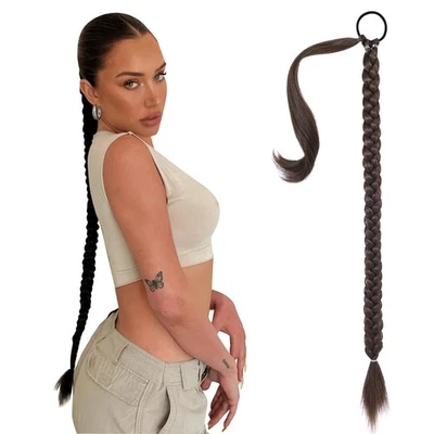 SEIKEA 34" Largo Trenzado Cola de Caballo Extensión Cabello Envoltura Marrón Oscuro Cobre Resaltado Foto 1 de 4