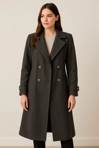 Vtg Jofeld Womens Coat A-Line Double Breasted Wool Blend Gray Midi Puff Sleeve L - Picture 1 of 12