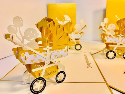 Cochecito de cochecito metálico Origami Pop Cards en dorado recién nacido 3D emergente Foto 1 de 4