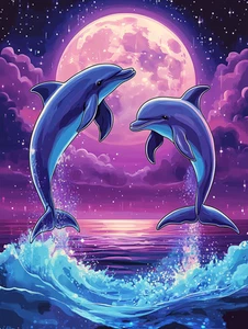 Canvas Art Fantasy Blue Purple Dolphins Moonlight Wall Picture Poster Print - Picture 1 of 22