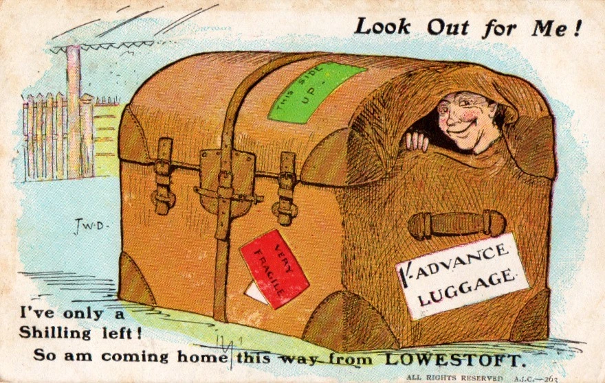 printed  comic  lowestoft postcard,lad in trunk   posted 1912 - Image 1 of 1