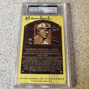 Warren Spahn Signed Gold HOF Plaque Postcard Yellow Braves Autograph PSA/DNA - Picture 1 of 3