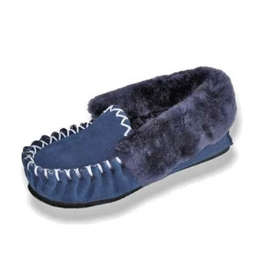 Unisex AUSTRALIAN SHEEPSKIN Wool Fleece Moccasins Slippers NAVY SIZES 4-14 - Picture 1 of 12