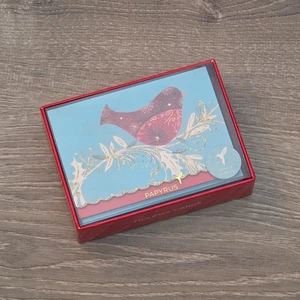 Juego de 14 tarjetas navideñas de papiro en caja de pájaros rojos en rama detalles brillantes nuevas en caja - Imagen 1 de 3
