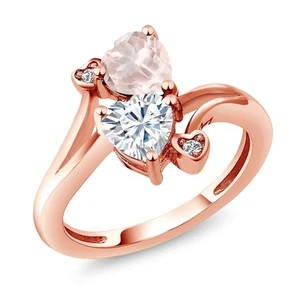 18K Rose Gold Plated Silver Rose Rose Quartz White Moissanite and Diamond Ring - Picture 1 of 6