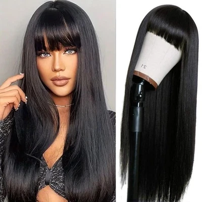 Straight Wigs with Bangs Human Hair Wigs for Black Women None Lace Front Wig - Image 1 of 4