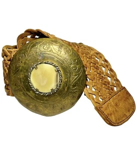 Womens Belt Large Brass Plate Buckle Marble Boho Bohemian Tan Brown Etched Brass - Picture 1 of 12