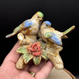 Lovely Ceramic Figurine of Two Blue & Green Birds on twigs w/red flower MCM Chip - Picture 1 of 14