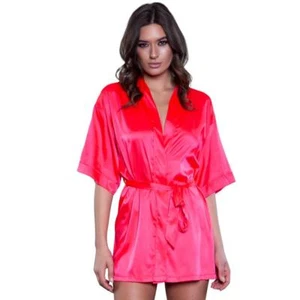 Satin Robe 3/4 Long Sleeves Sash Tie Front Short Length Hot Pink 1947 1X/2X Plus - Picture 1 of 6