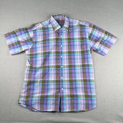 Alan Flusser Shirt Large Purple Plaid Linen Beach Button Up Short Sleeve Mens - Image 1 of 4