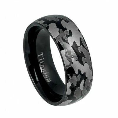 8mm Men Titanium Camo Military Gray Army Hunting Design Wedding Band Ring - Image 1 of 2